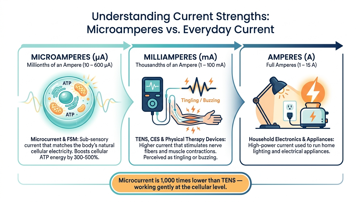 Understanding current strengths: microamperes vs. everyday current, comparing microcurrent and FSM to TENS/CES devices and household electronics