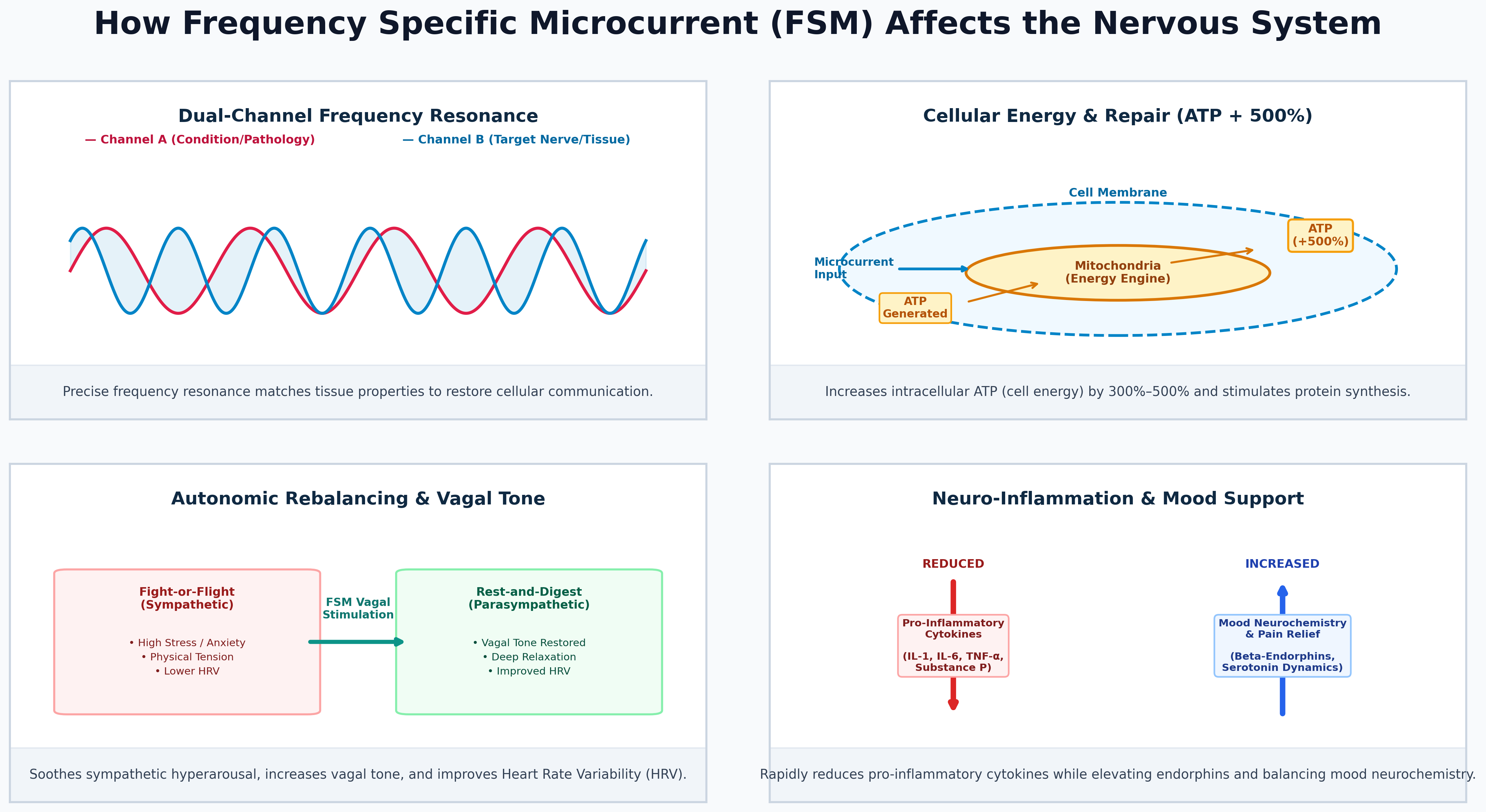 How Frequency Specific Microcurrent affects the nervous system: dual-channel frequency resonance, cellular energy and repair, autonomic rebalancing and vagal tone, and neuro-inflammation and mood support